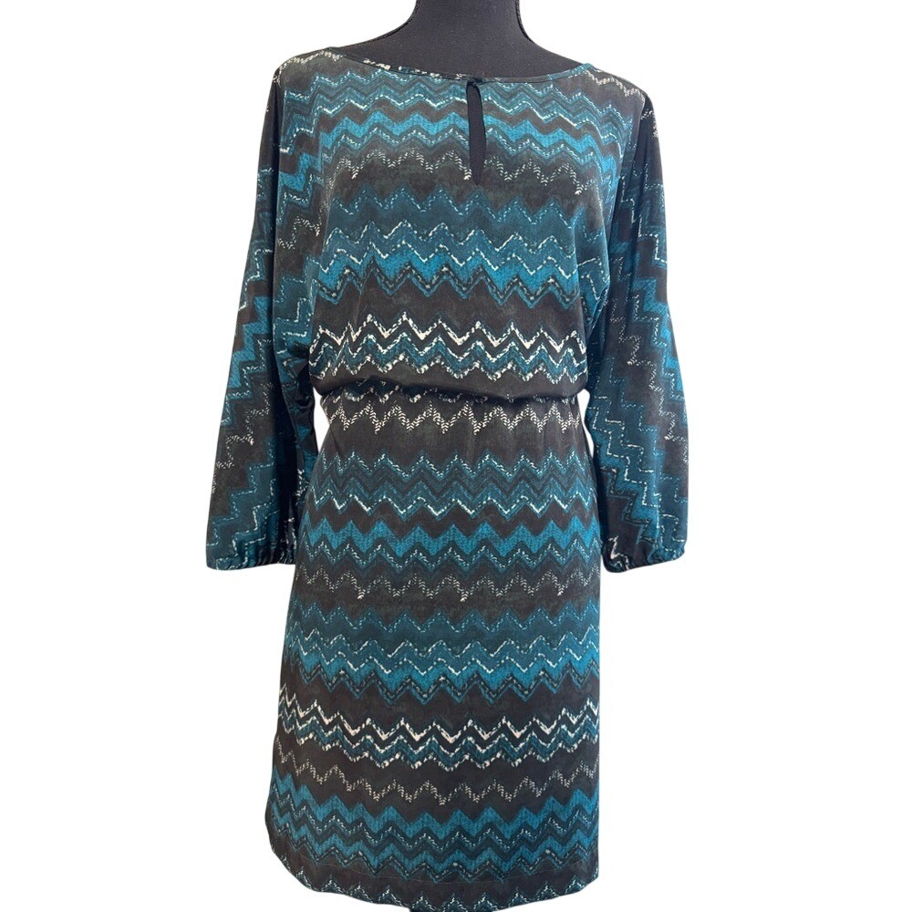 Ann Taylor Loft Keyhole Chevron Striped Teal Black White Blouson Dress Large